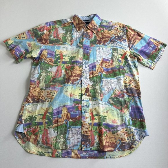 Tommy Hilfiger Mens‎ Graphic Short Sleeve Button Down Camp Shirt Size Medium - Picture 1 of 9